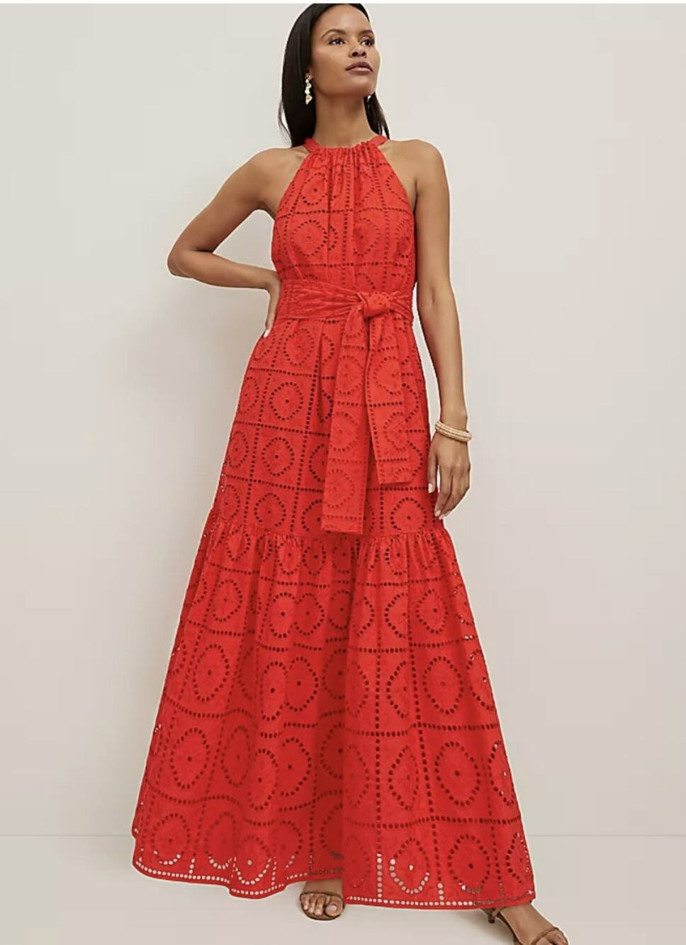 Ann Taylor Eyelet Halter Flare Maxi Dress Red Small